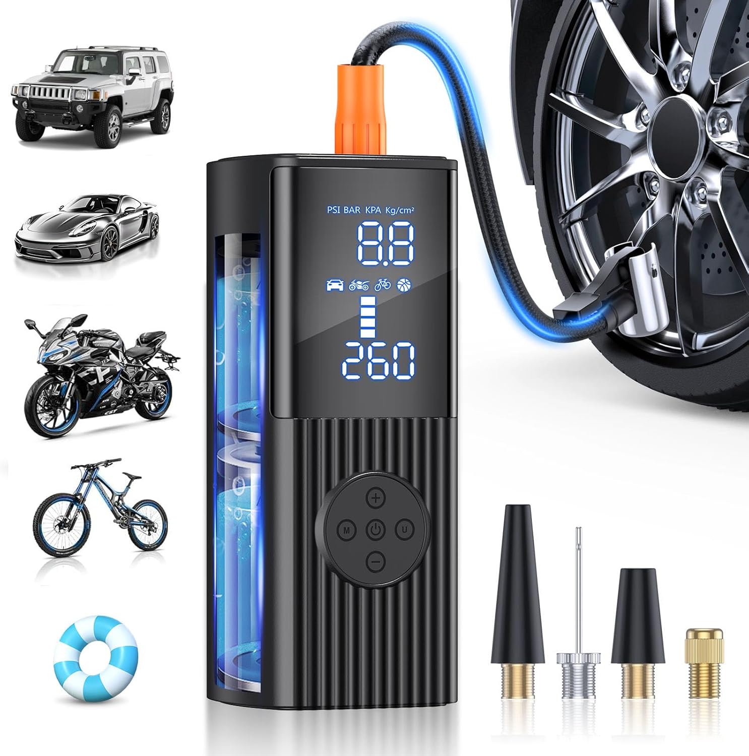 Tire Inflator Portable Air Compressor, 180PSI and 3X Faster Portable Air Compressor with Digital Pressure Gauge, Cordless Air Pump with Powerful Battery, for Car, Motorcycle, Bike, Ball