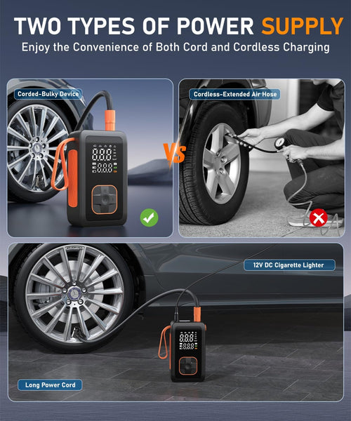 Tire Inflator Portable Air Compressor, 150PSI & 3X Faster Cordless Air Pump for Car Tires with LED Light, Tire Pump with Cigarette Lighter Plug for Cars, Motorcycles, Bicycles, Balls