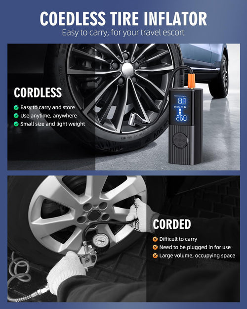 Tire Inflator Portable Air Compressor, 180PSI and 3X Faster Portable Air Compressor with Digital Pressure Gauge, Cordless Air Pump with Powerful Battery, for Car, Motorcycle, Bike, Ball