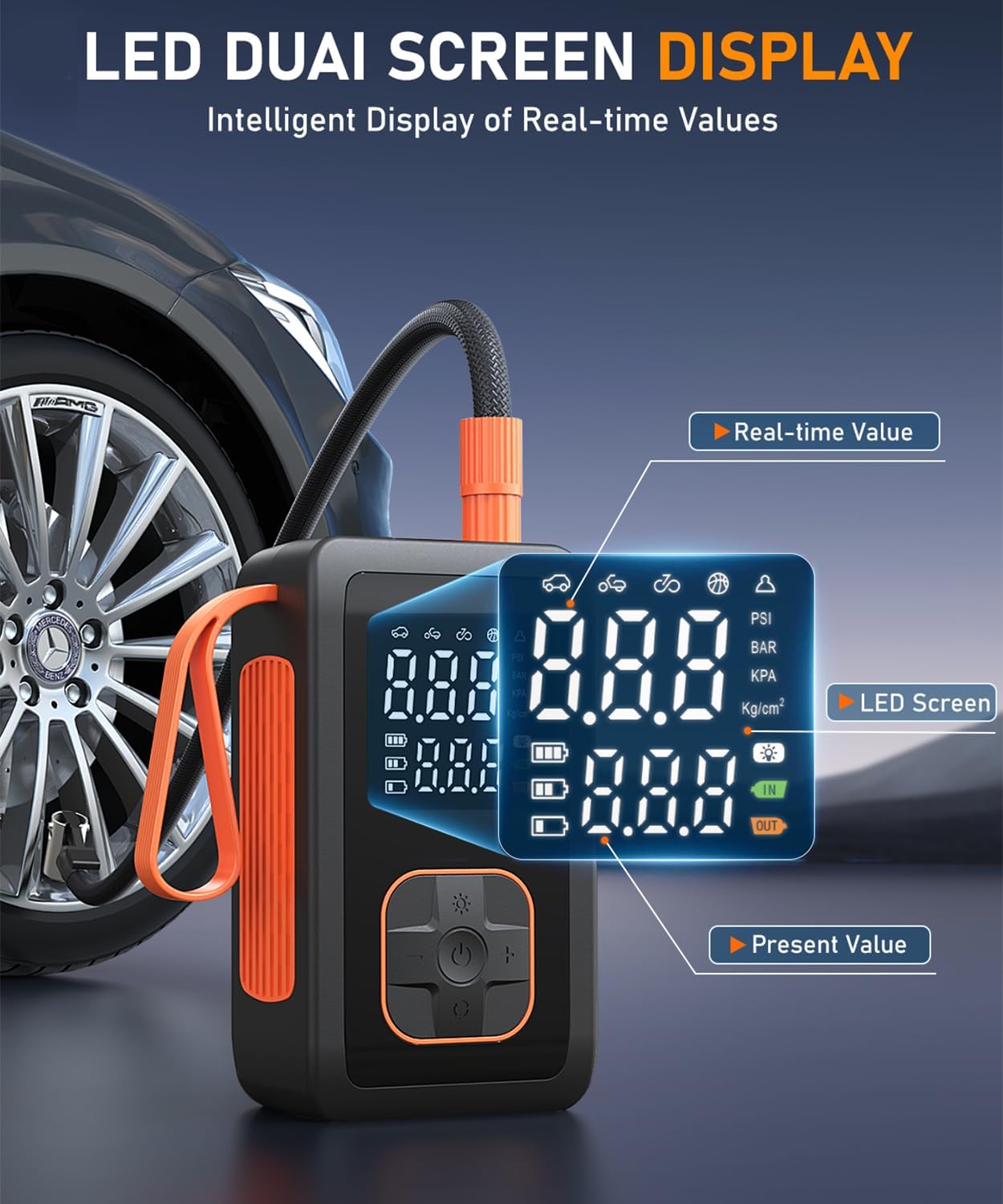 Tire Inflator Portable Air Compressor, 150PSI & 3X Faster Cordless Air Pump for Car Tires with LED Light, Tire Pump with Cigarette Lighter Plug for Cars, Motorcycles, Bicycles, Balls